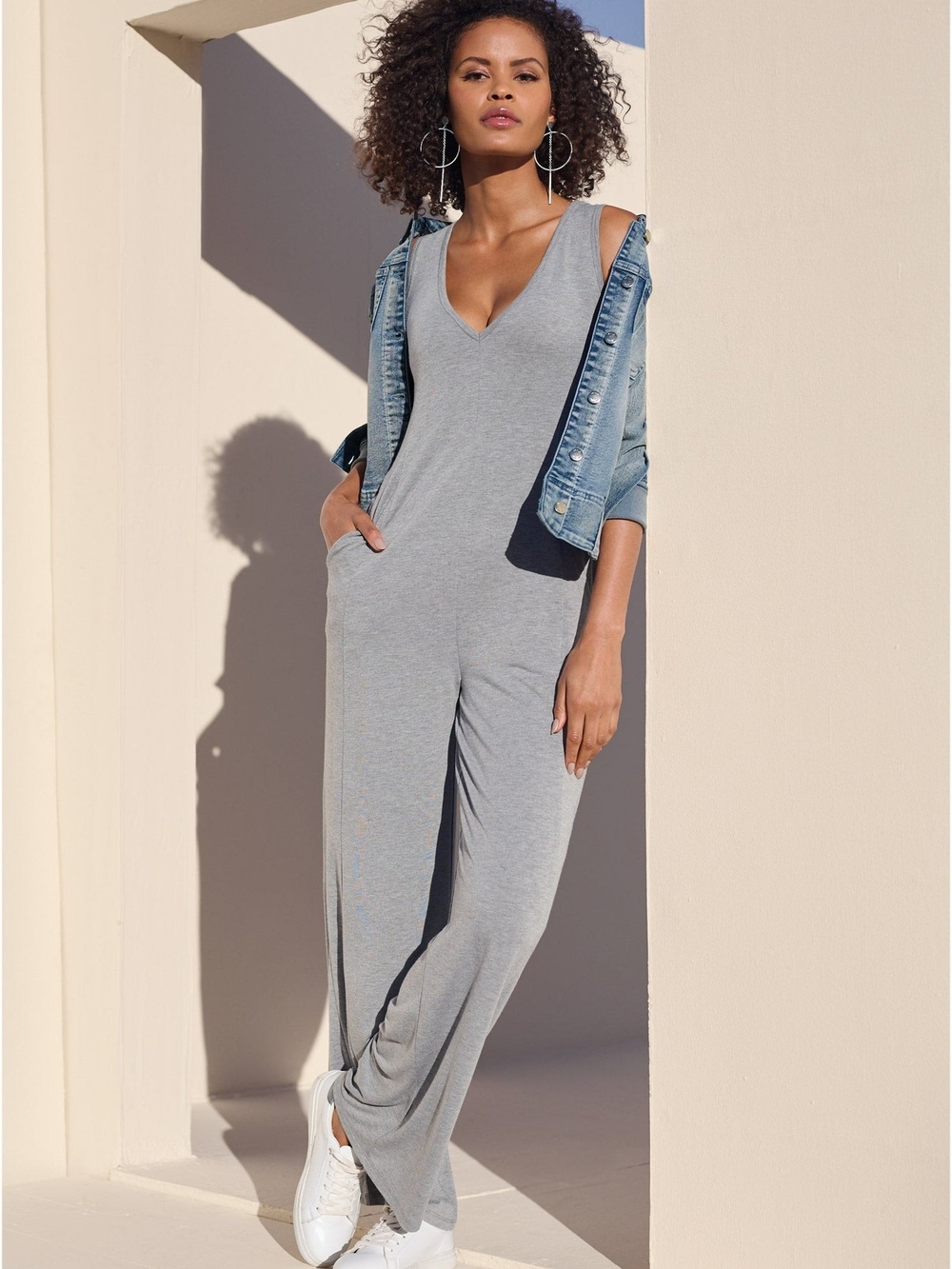 VENUS Light Gray V-Neck Wide-Leg Jumpsuit